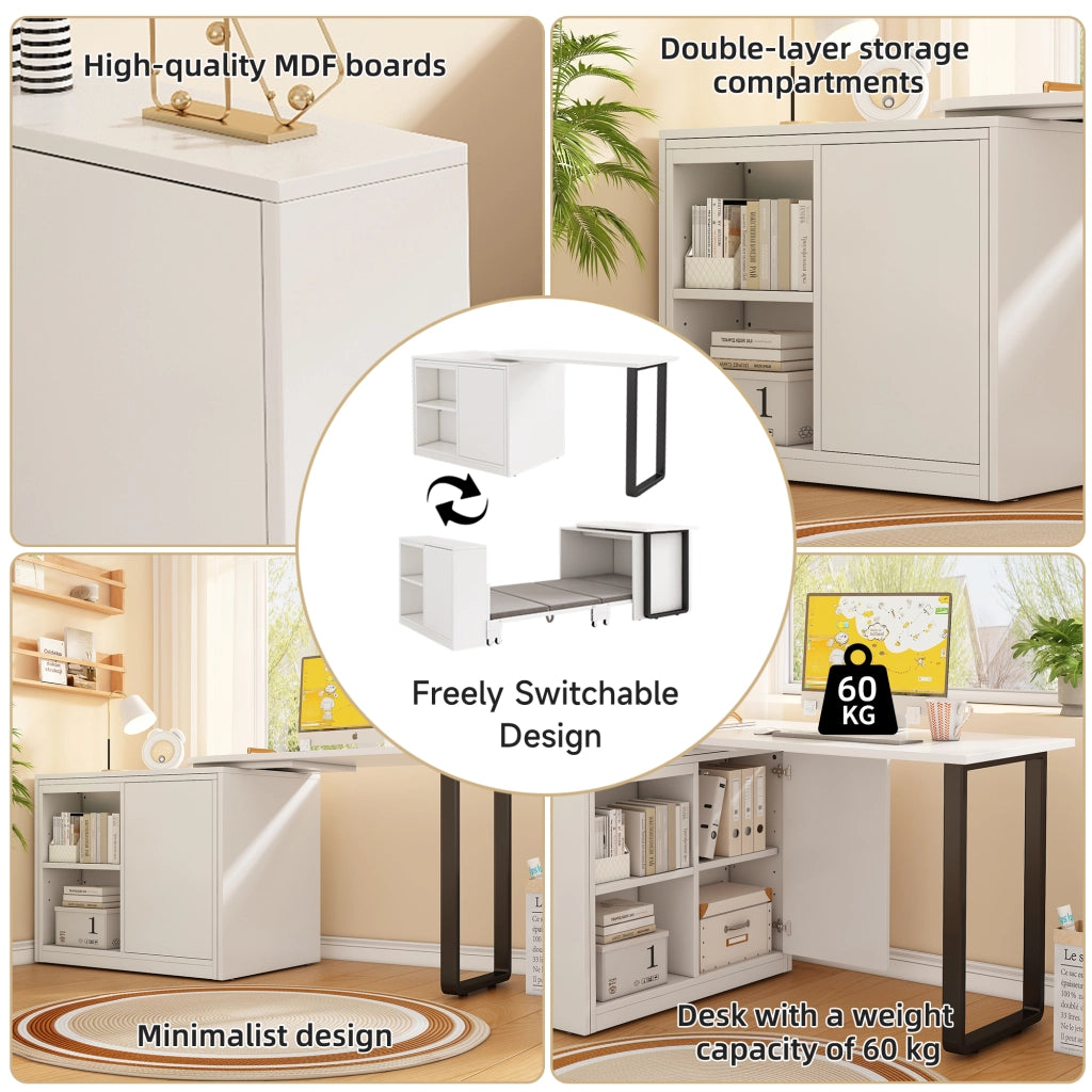 Scrivania pieghevole multifunzionale con letto e 2 vani aperti, per ufficio e camera, bianco, 216 × 116 × 79 cm