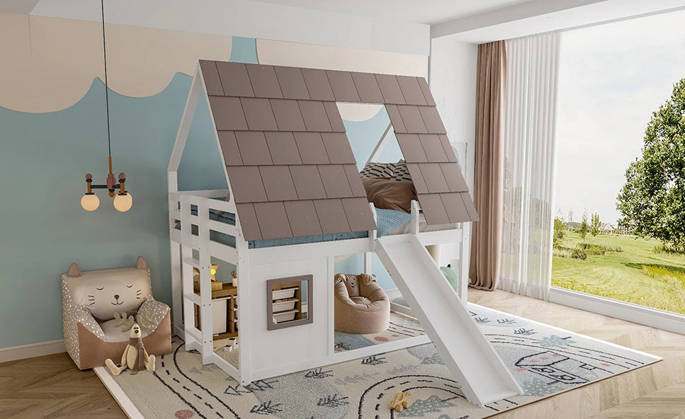 Letto a castello in legno a forma di casetta 140x200 cm con scivolo, scala, bianco e marrone