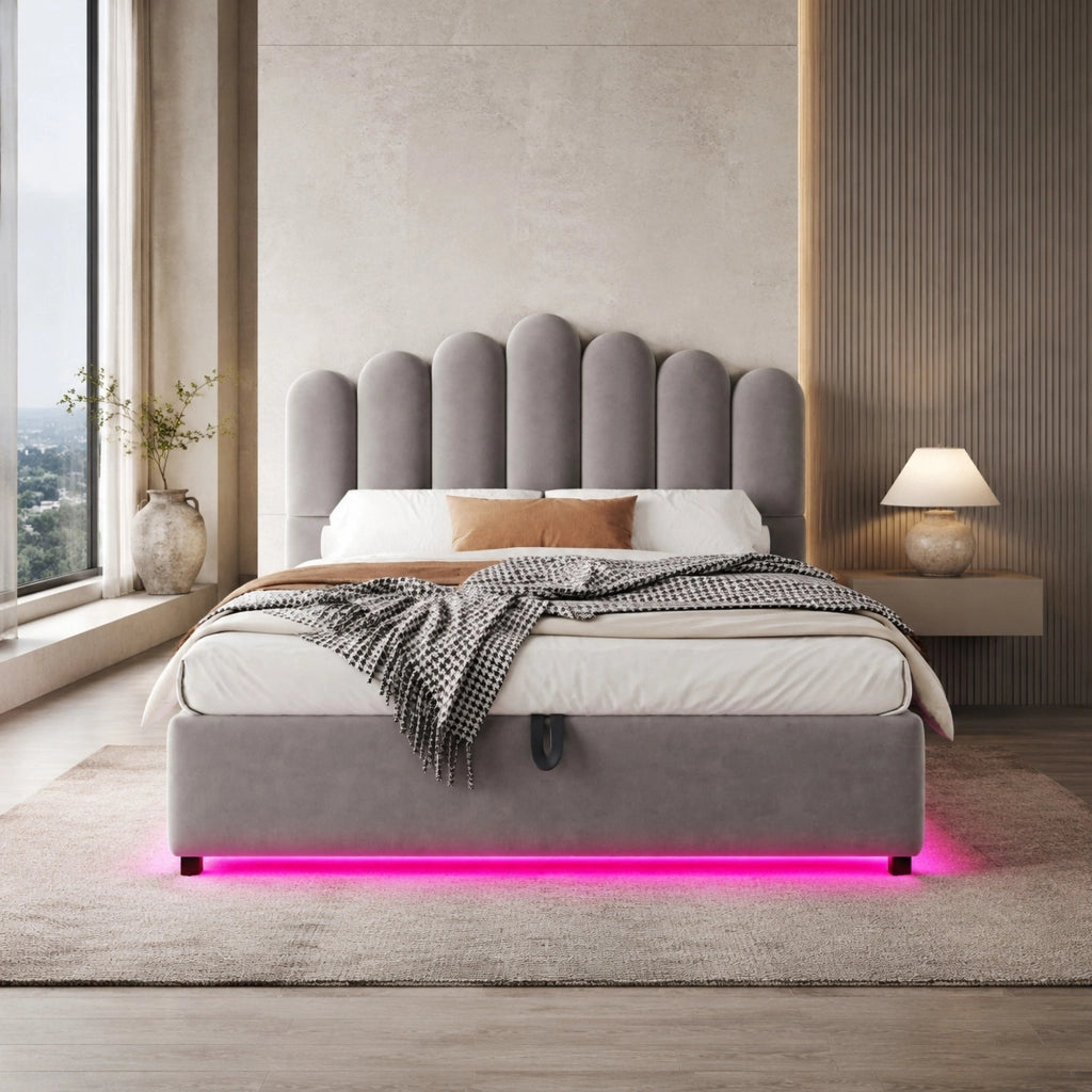 Letto matrimoniale 140x200 cm imbottito con contenitore idraulico; LED; velluto grigio