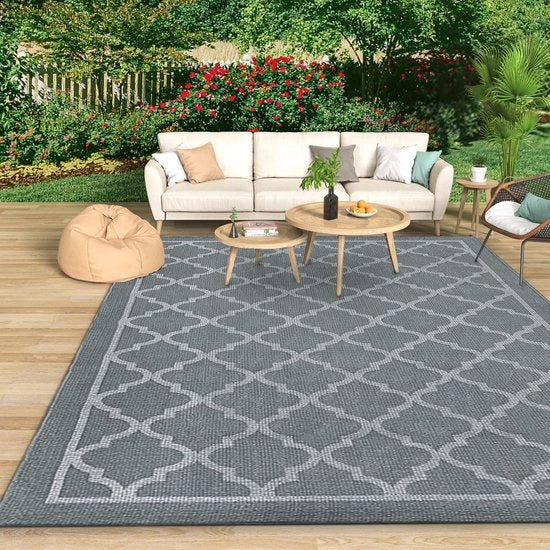 Tappeto esterno, resistente alle intemperie, 120 x 160 cm, tappeto per balcone, estate, tappeto per campeggio, stile boho, grigio, tappeto per esterno per terrazza, lavabile, esterno, antiscivolo, per esterno, soggiorno, Lattice