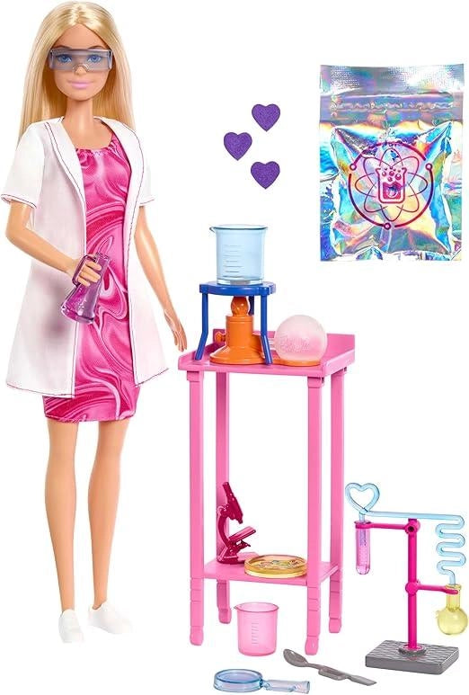 Barbie Carriere - Scienziata, set bambola bionda con camice bianco da laboratorio e accessori inclusi, tavolo, microscop
