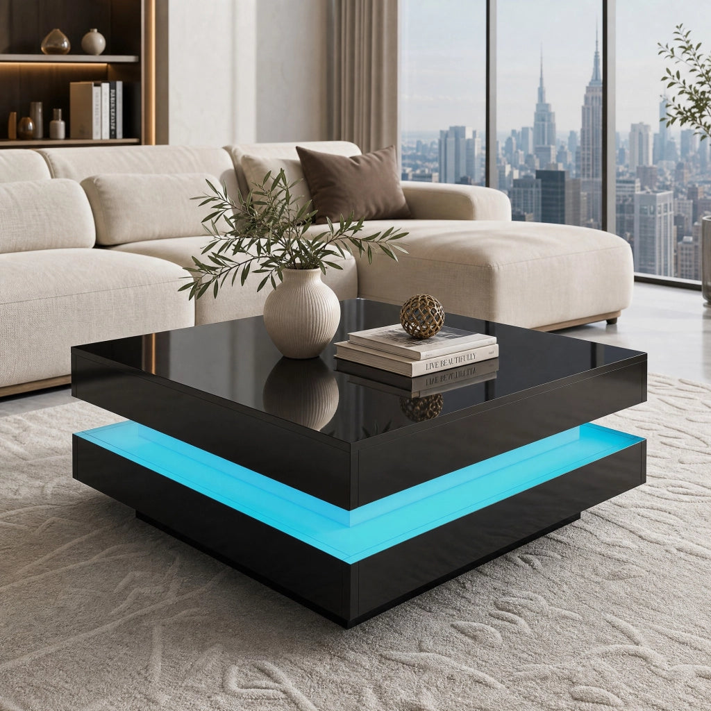 Tavolino da caffè quadrato con LED Bluetooth; 70x70x36 cm; truciolare nero