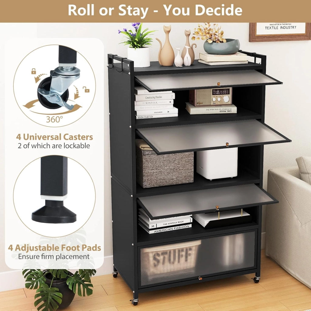 Mobiletto da Cucina a 5 Ripiani su Ruote, Armadio da Cucina con Ante a Ribalta e 4 Ruote Universali, Supporto per Microonde con Kit Anti-Ribaltamento, 80,5x40x162 cm (Nero)