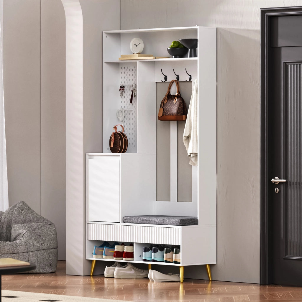 Mobile ingresso con panca, appendiabiti a parete, 4 ganci, 2 cassetti e vano contenitore, Bianco, 100x35x180 cm
