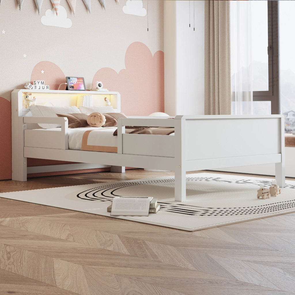 OKWISH Letto Bambino 90×200 cm, Letto Singolo con USB, Tipo C e Luce LED, Testiera con Mensola, senza Materasso, Bianco