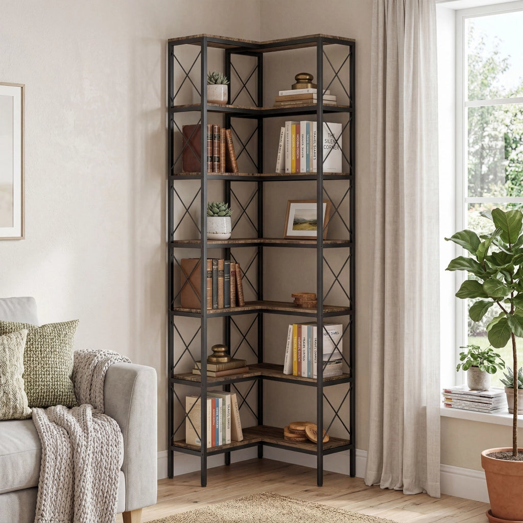 Libreria a L in metallo e legno ¨C zephmum ¨C marrone 60x60x200 cm