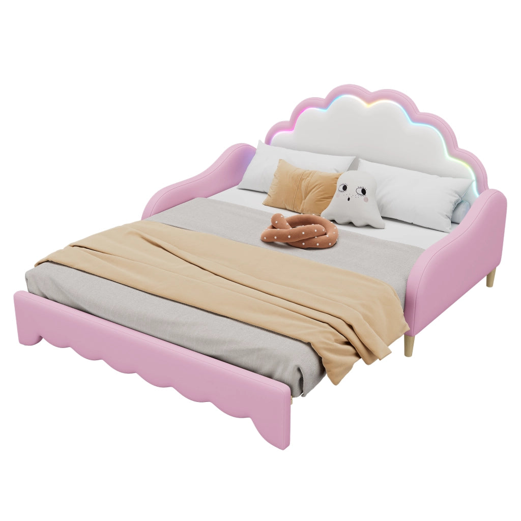 OKWISH Letto Combinato 140×198 cm, Letto Matrimoniale convertibile con LED Multicolore e Testiera, senza Materasso, in PU, Rosa