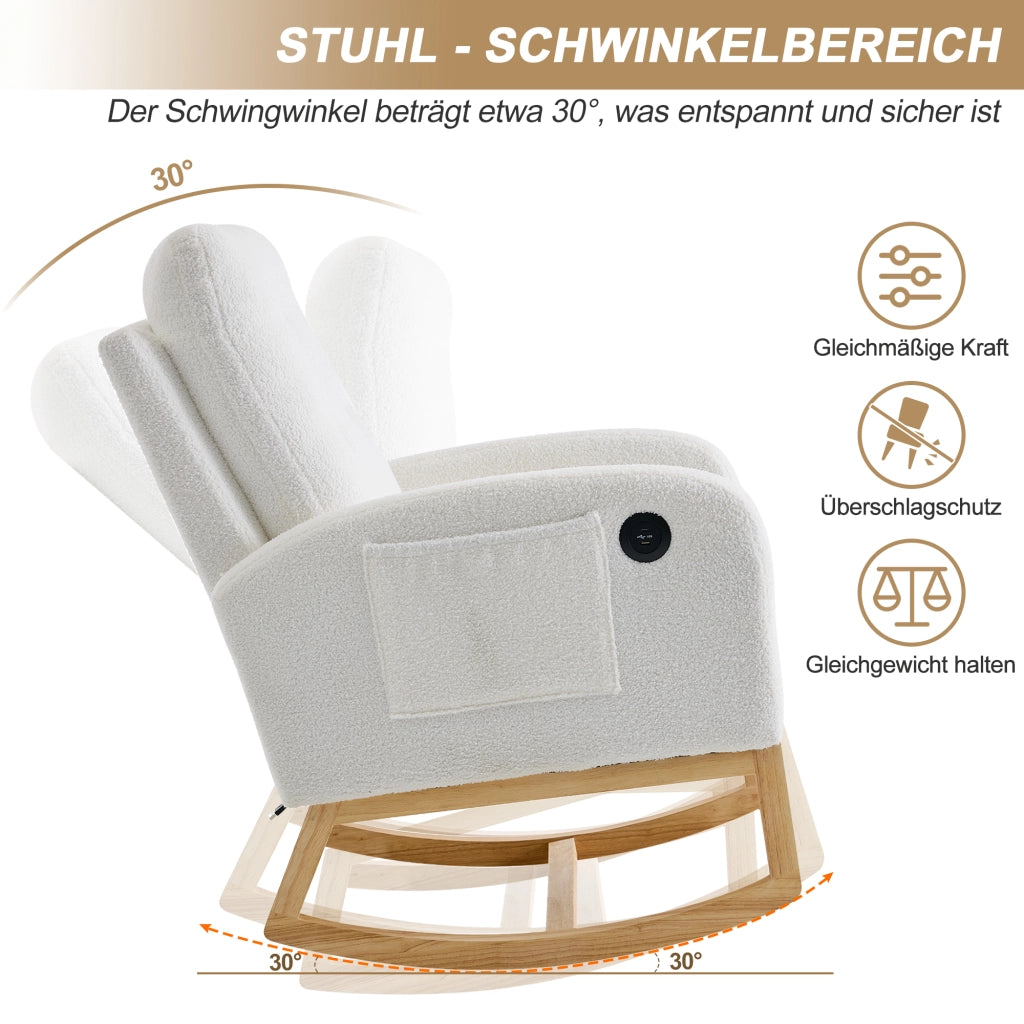 Poltrona a dondolo con poggiapiedi estraibile, tasche laterali e porte USB e USB-C in bouclé bianco