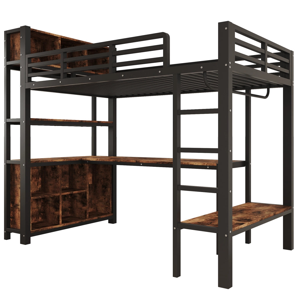 Letto a soppalco singolo 90×200 cm con scrivania; appendiabiti; ripiani e vani portaoggetti; senza materasso; nero