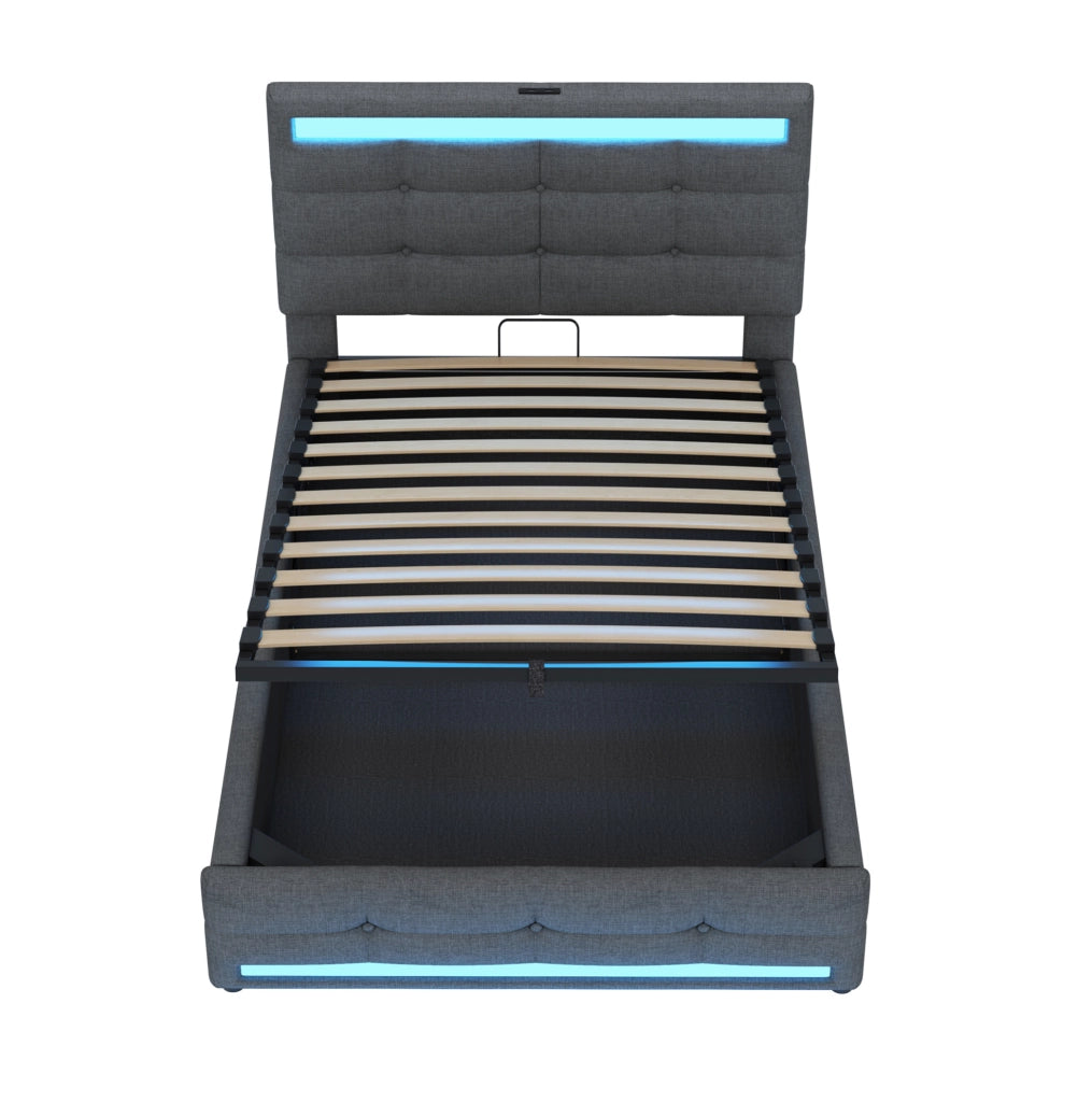 Letto imbottito 90x200 cm con LED RGB; USB e testiera regolabile in tessuto grigio