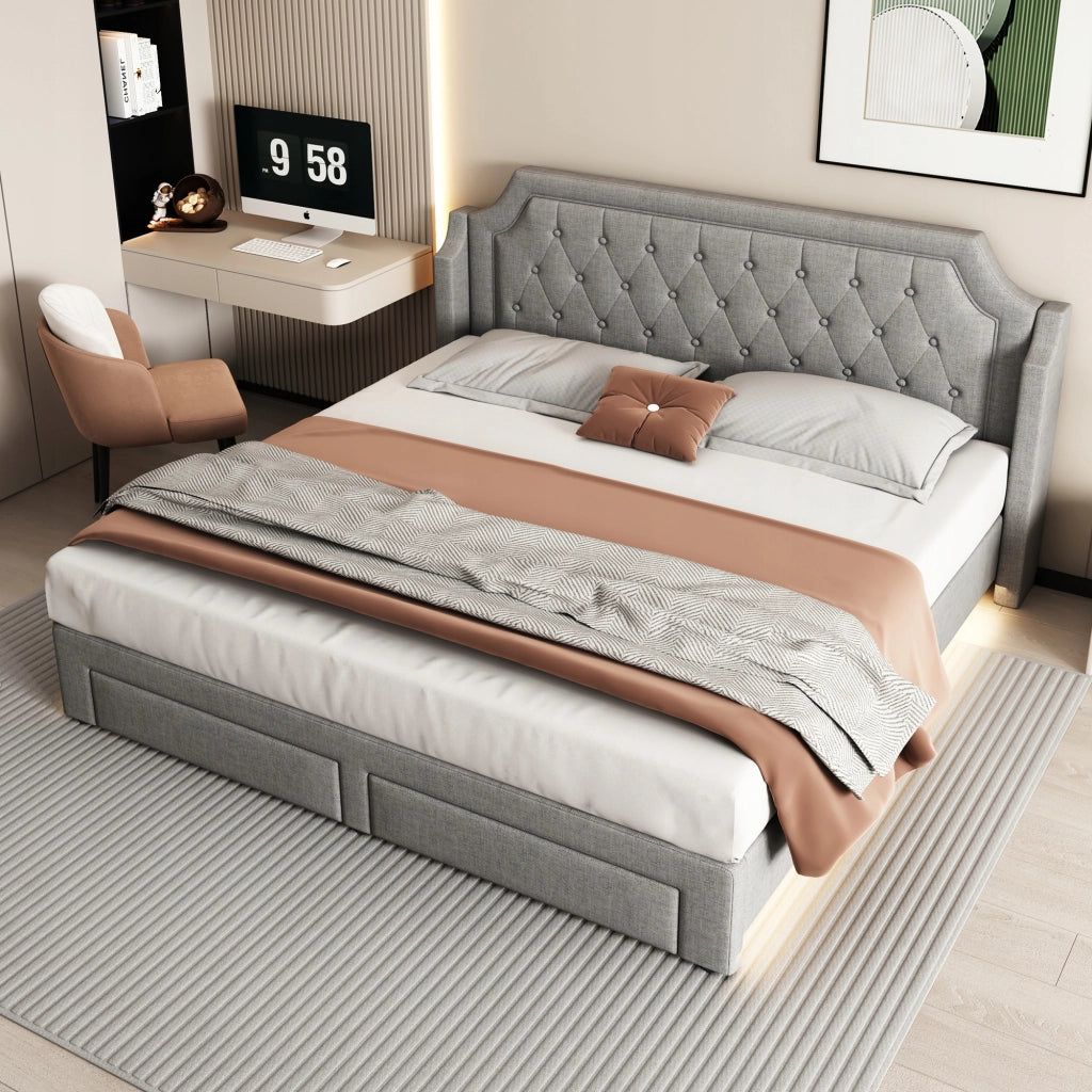 Letto matrimoniale 180x200 - Xylo - LED, 2 cassetti, lino, grigio