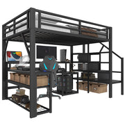 LETTO A SOPPALCO 140 x 200 cm in metallo nero con scrivania, LED e USB