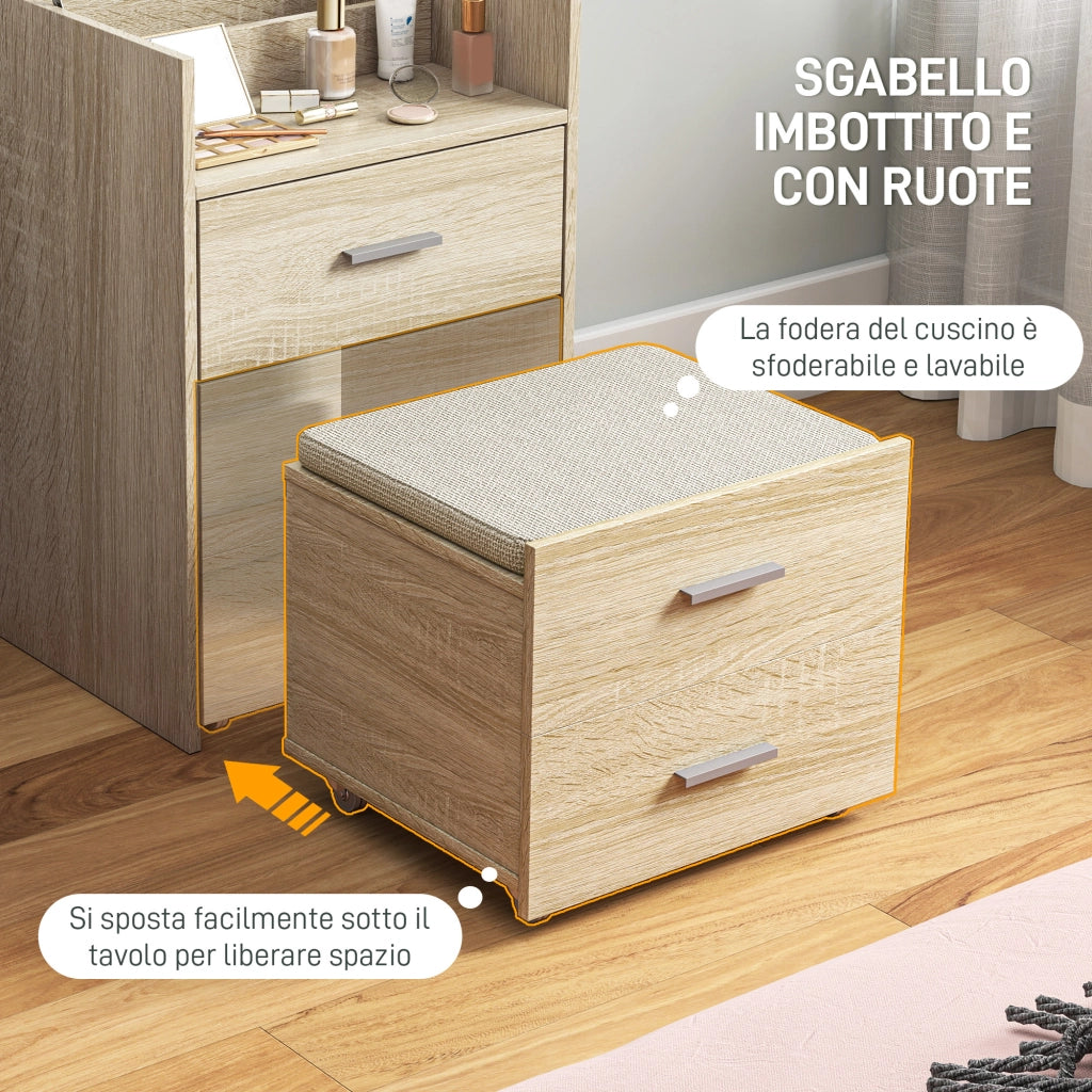 Tavolo Trucco Toeletta 50x40x113,5 cm con Specchio a Ribalta e Sgabello a Scomparsa in Legno Naturale