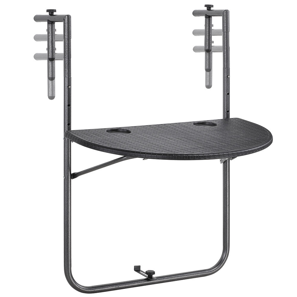 Tavolino Balcone Pieghevole Metallo e Polyrattan 2 Porta Bicchieri Regolabile Nero