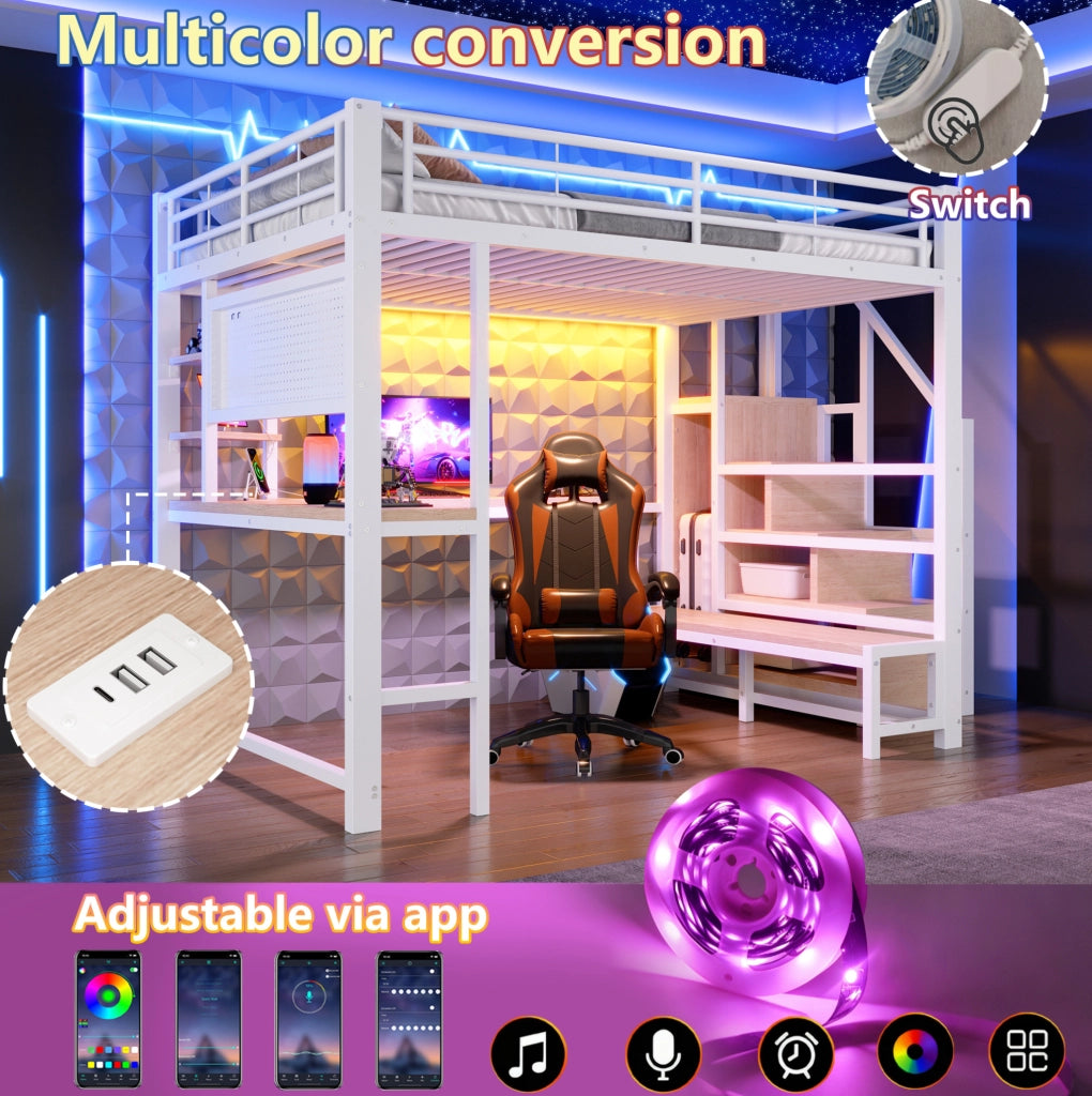 Hochbett 140x200 cm con scrivania; LED; USB e Type-C; parete forata e ripiani; bianco