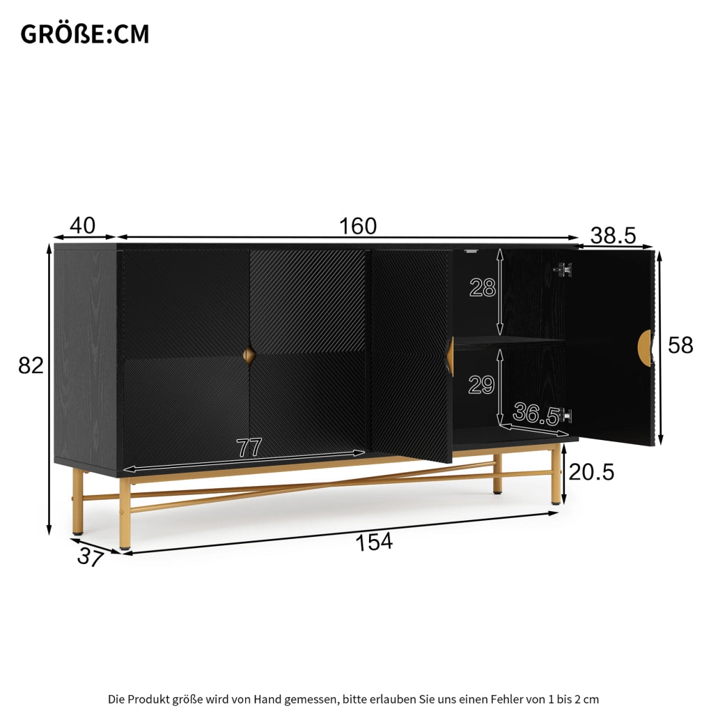 Credenza nera 160 cm con 4 ante a rilievo, maniglie dorate e chiusura ammortizzata