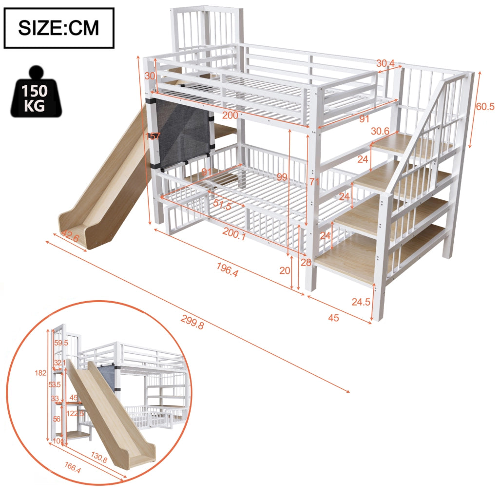 Letto a soppalco per bambini in metallo con scivolo, scala contenitore e ripiani integrati, 90x200 cm, bianco