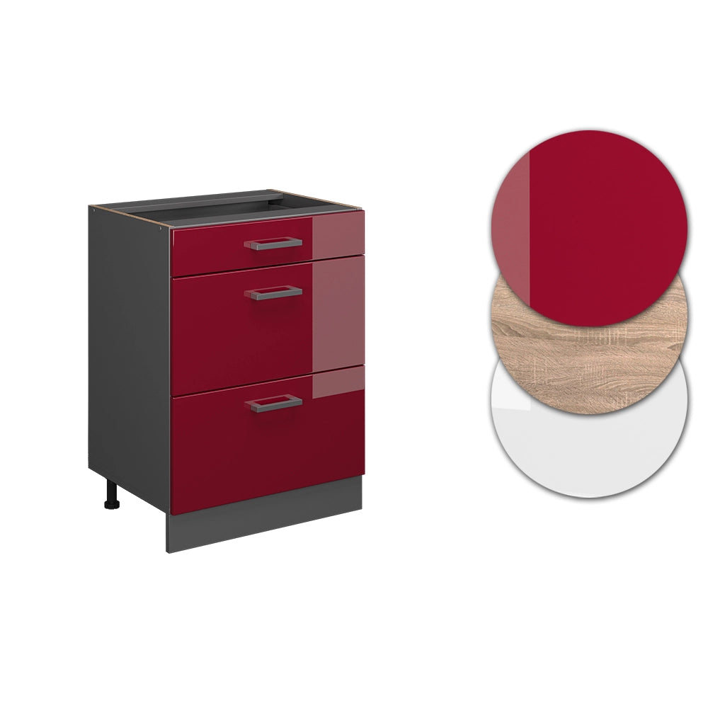 Mobiletto base per cucina R-Line Rosso lucido/Antracite 60 cm con cassetti, senza piano di lavoro Vicco