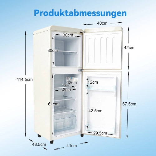 Frigorifero a doppia porta (112L) – controllo della temperatura a 7 livelli; classe di efficienza energetica E; luce LED; ripiani regolabili e portauova – Crema