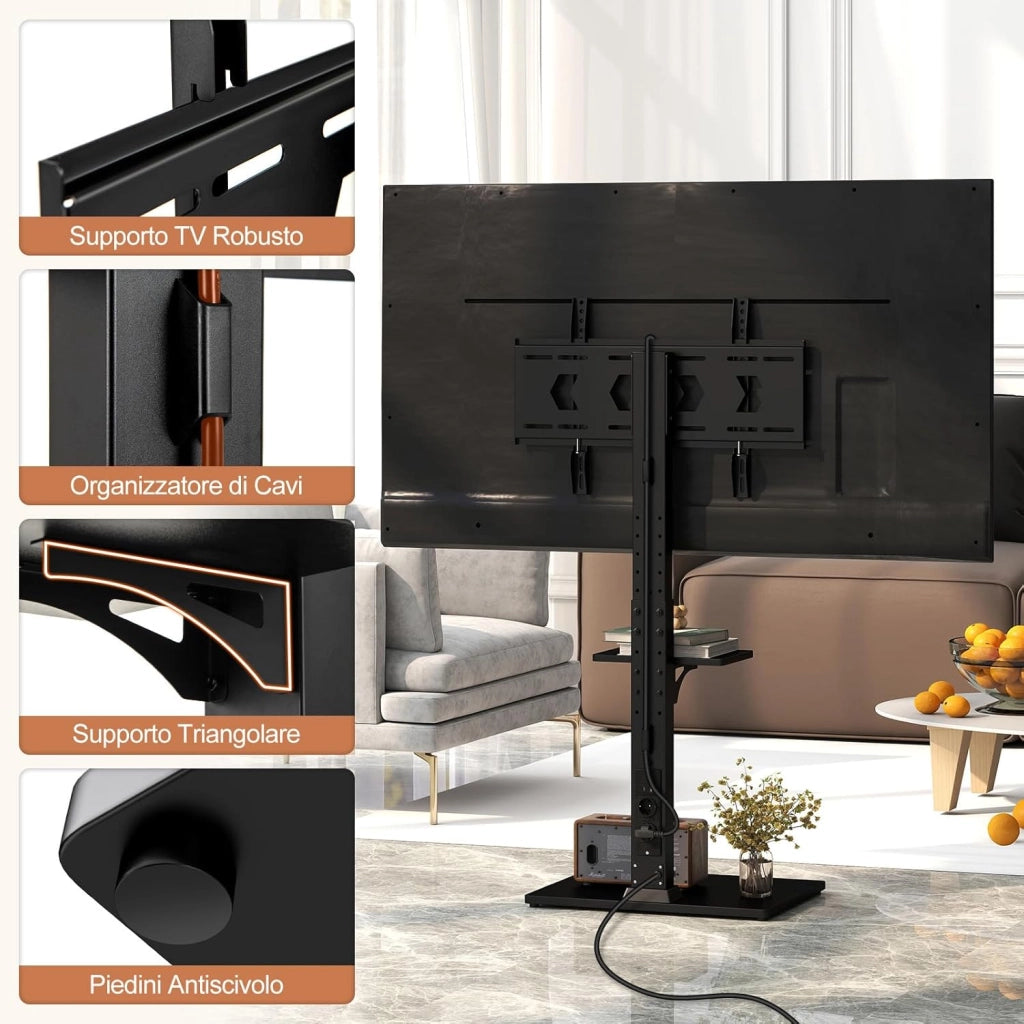 Supporto TV da Pavimento da 32-70 Pollici, Piedistallo TV Regolabile in Altezza e Inclinazione con Presa di Corrente e Ripiano AV, Portata 50 kg, Porta TV per Soggiorno
