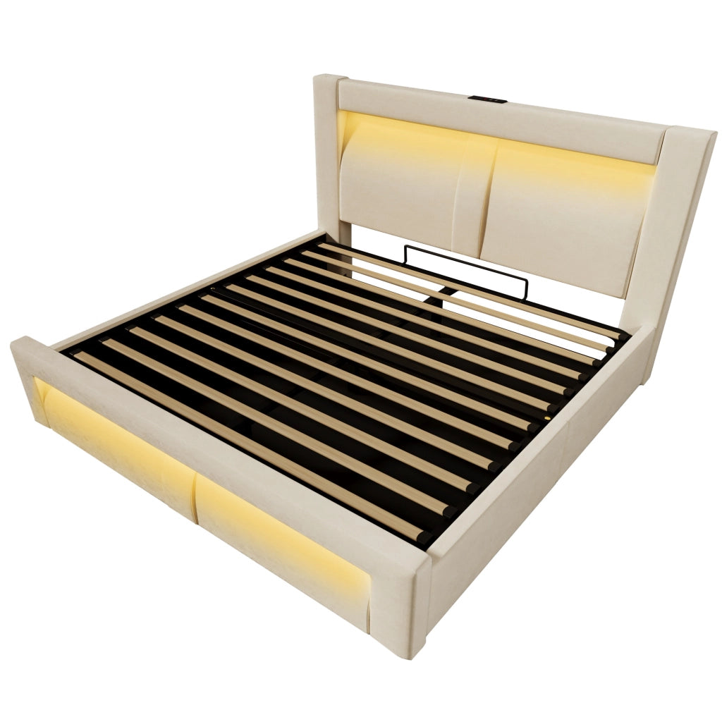 Letto matrimoniale 160x200 cm con contenitore; LED integrati; porte USB e Type-C; velluto beige