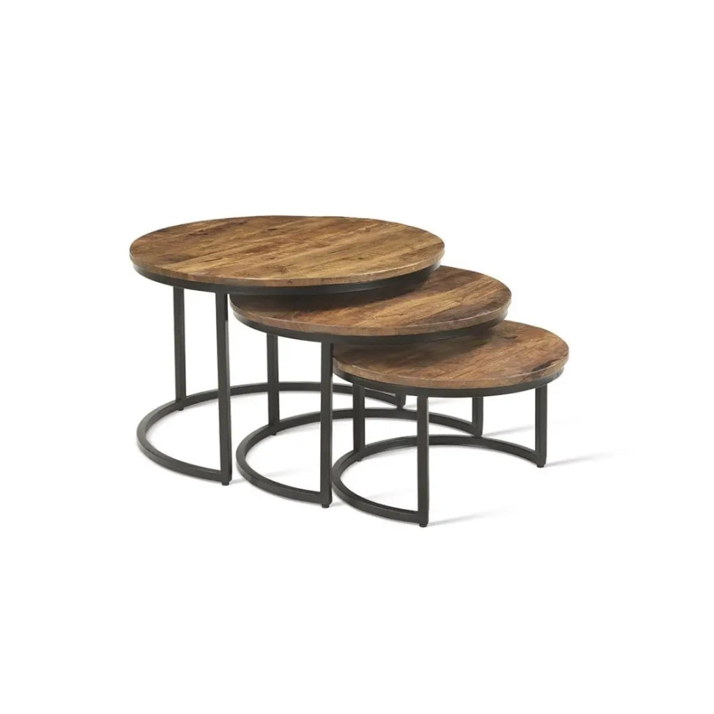 Table bassa ARNOLD – Set di 3 tavolini nidificati rotondi – Marrone legno e metallo – Stile contemporaneo
