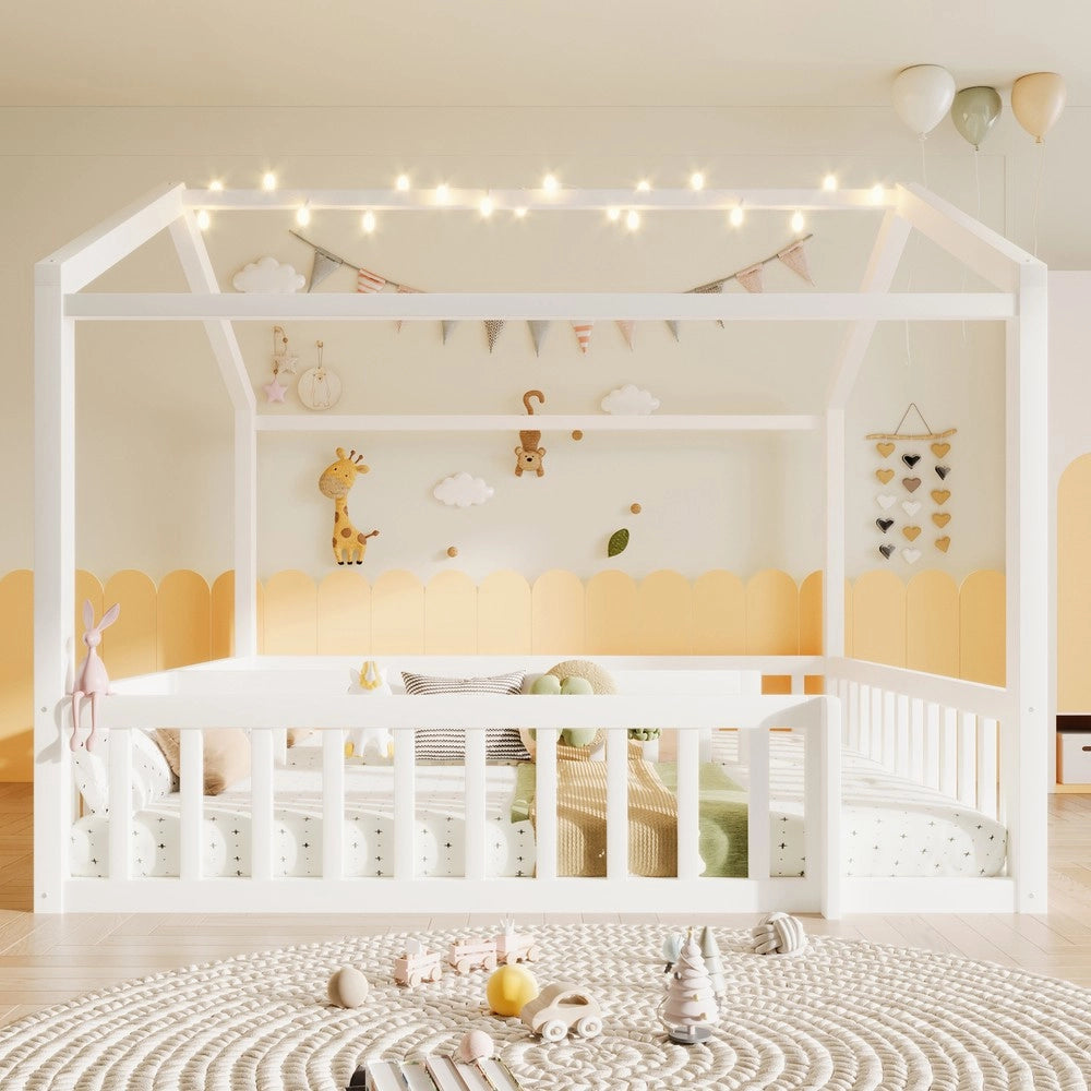 Letto Singolo Bambini a Casetta in Pino con LED e Grate ¨C Xylo ¨C Bianco 90x190
