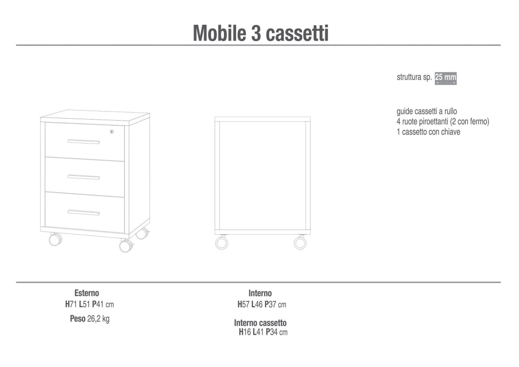 Cassettiera 3 Cassetti su Ruote 51x71x41 cm Cemento/Ossido Bianco