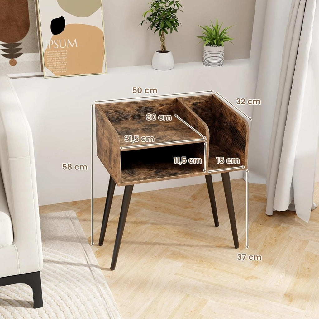 Comodino 50 x 32 x 58cm, Tavolino Moderno con Mensole Aperte, Gambe in Metallo e Poggiapiedi Regolabili, Comò Ideale per Soggiorno e Camera da Letto (Marrone,1)