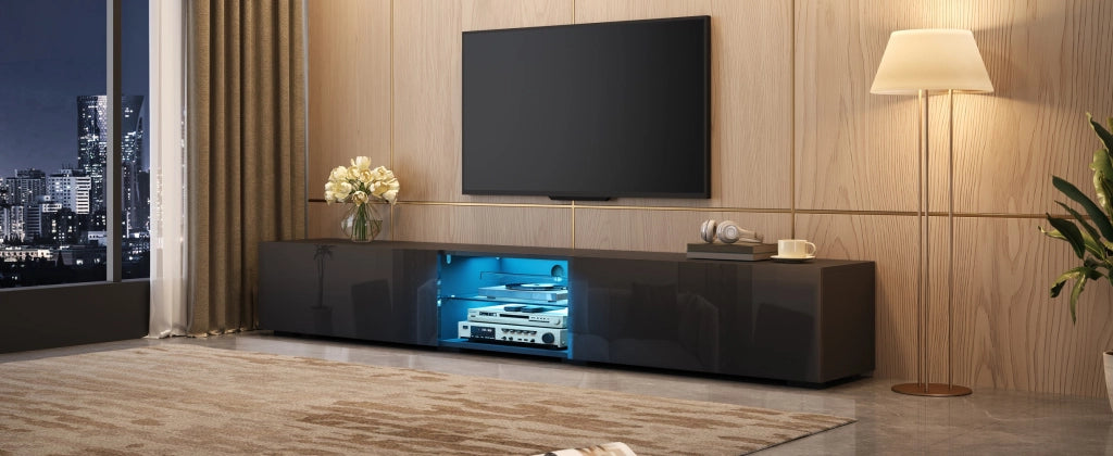 Mobile porta TV con LED e 2 ante a ribalta, vano aperto con ripiano trasparente e passacavi, nero, 200 × 30 × 30 cm