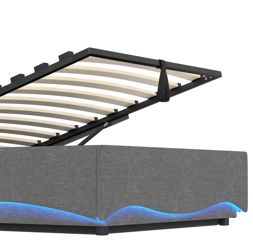Letto imbottito 90x200 cm con LED; contenitore idraulico; USB e Type-C in lino grigio