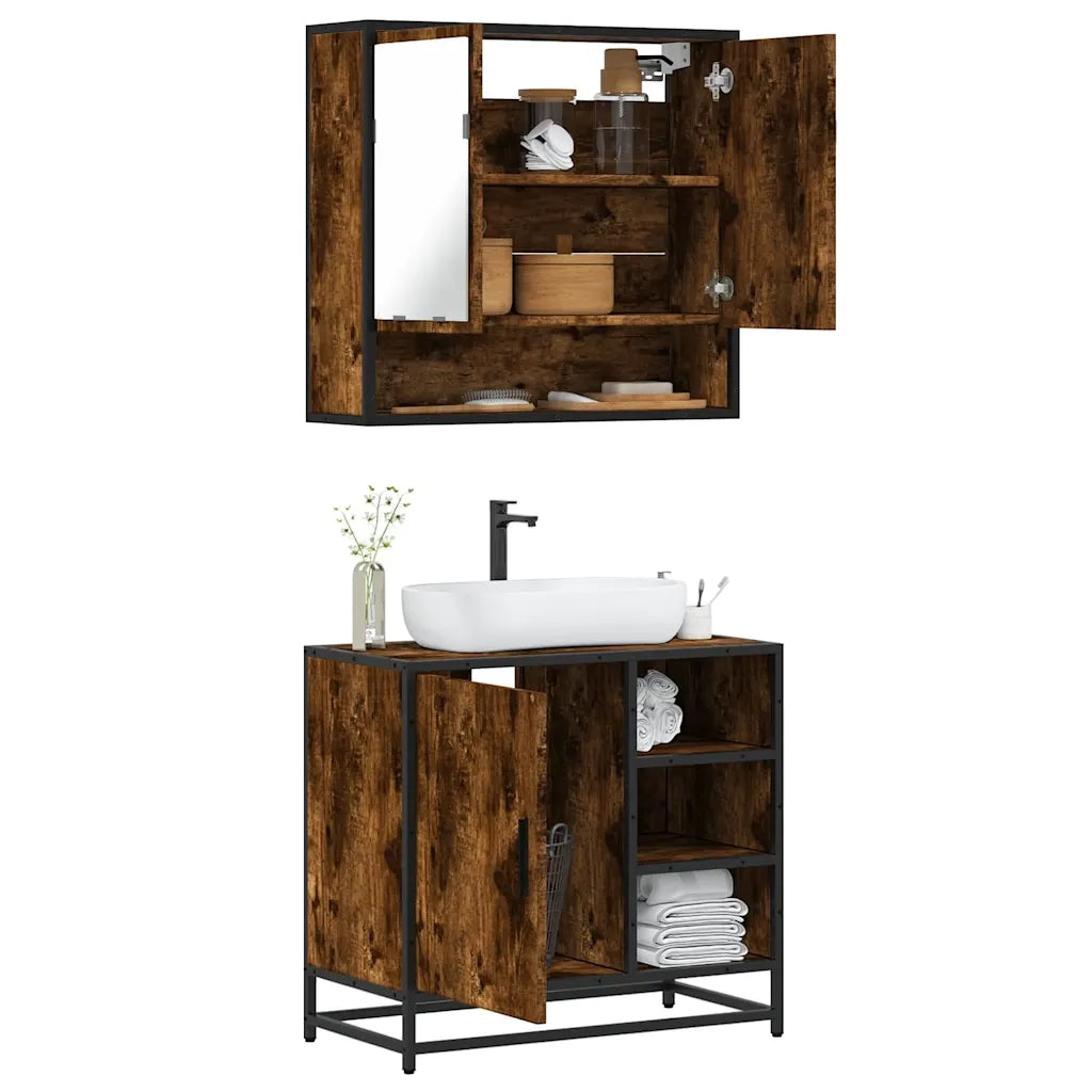 Set Mobili da Bagno | Armadio da bagno 2 pz Rovere Fumo in Legno Multistrato