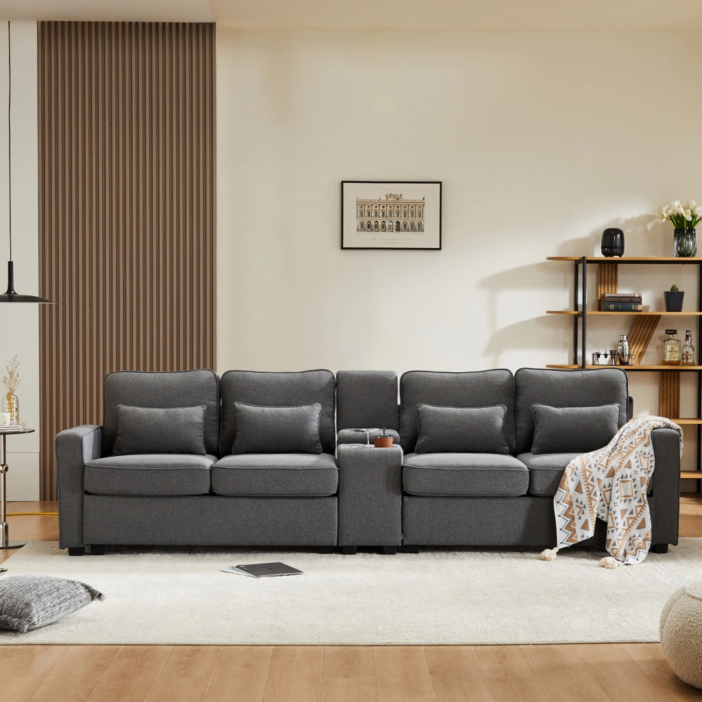 SOFA 4 posti 290x83x88 cm in lino grigio scuro con console, USB e 4 cuscini