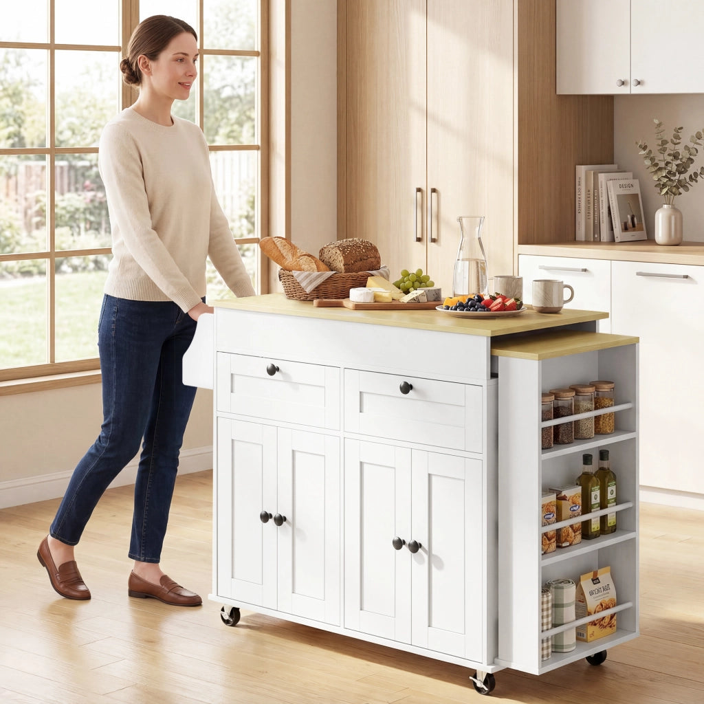 Tavolo da cucina allungabile con cassetti e ruote ¨C Zephmum ¨C Bianco