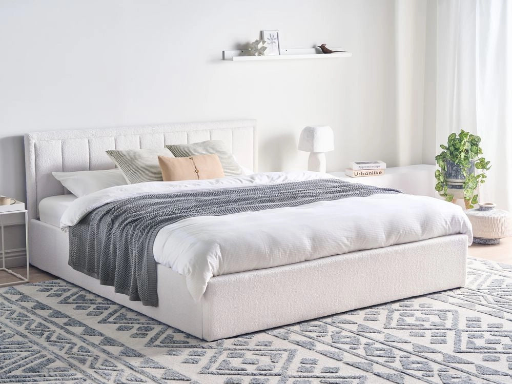 Letto Ottomano Bianco Boucle 180x200 cm Struttura imbottita con Testiera