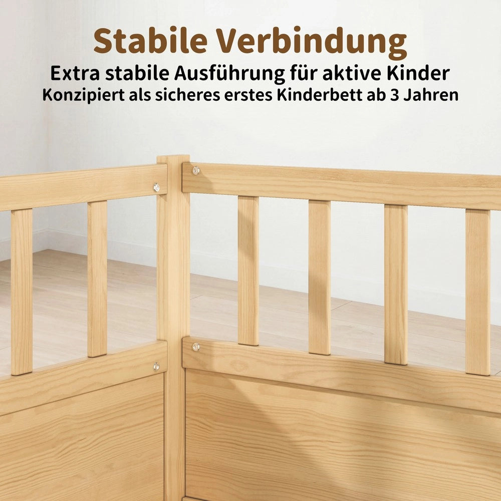 Letto Montessori Singolo in Legno di Pino ¨C MINIMAL ¨C 90x200, con Rete a Doghe e Sponda