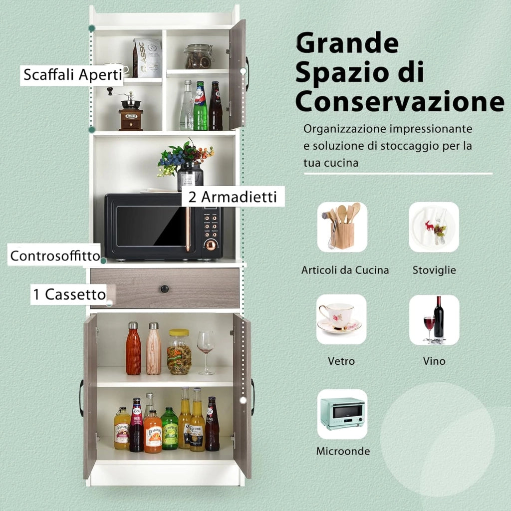Mobile Cucina con 3 Ante e Credenza, Dispensa Cucina con Cassetto, con Foro per Cavi e Ripiani Regolabili, Ampio Spazio Aperto per Microonde, 60 x 40 x 180 cm (Bianco)