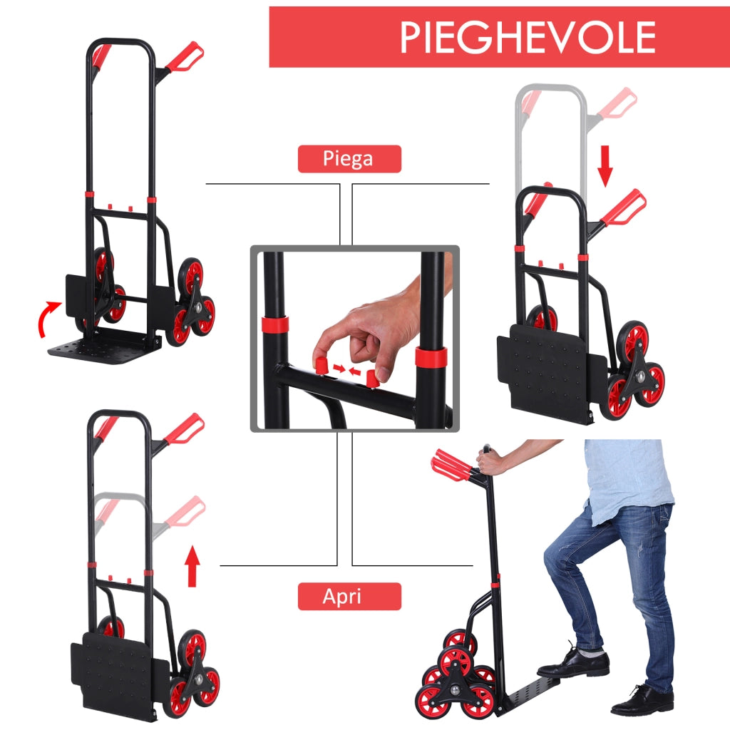 EasyComfort Carrello Portapacchi Pieghevole 120 kg max con Maniglia Estraibile, 60x45x109 cm, Rosso e Nero
