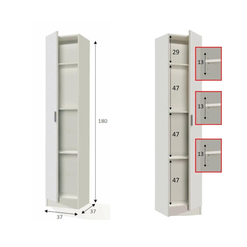 Armadio multiuso Alexander, Mobile ausiliario a 1 anta, Guardaroba portascarpe con ripiani, Scarpiera verticale, cm 37x37h180, Bianco