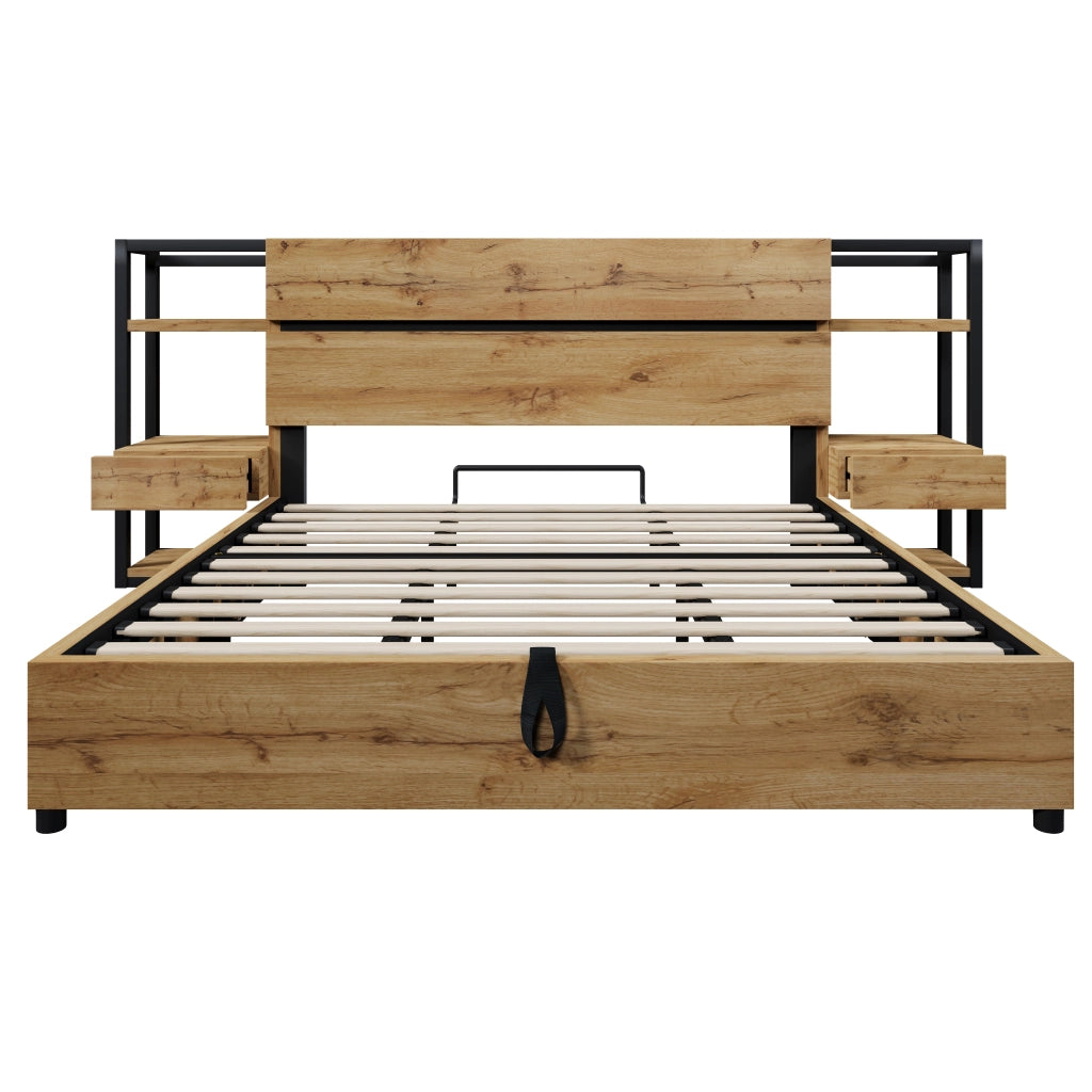 Letto matrimoniale 180x200 cm in legno e metallo con contenitore, testiera con cassetti e porta USB Type-C, rovere