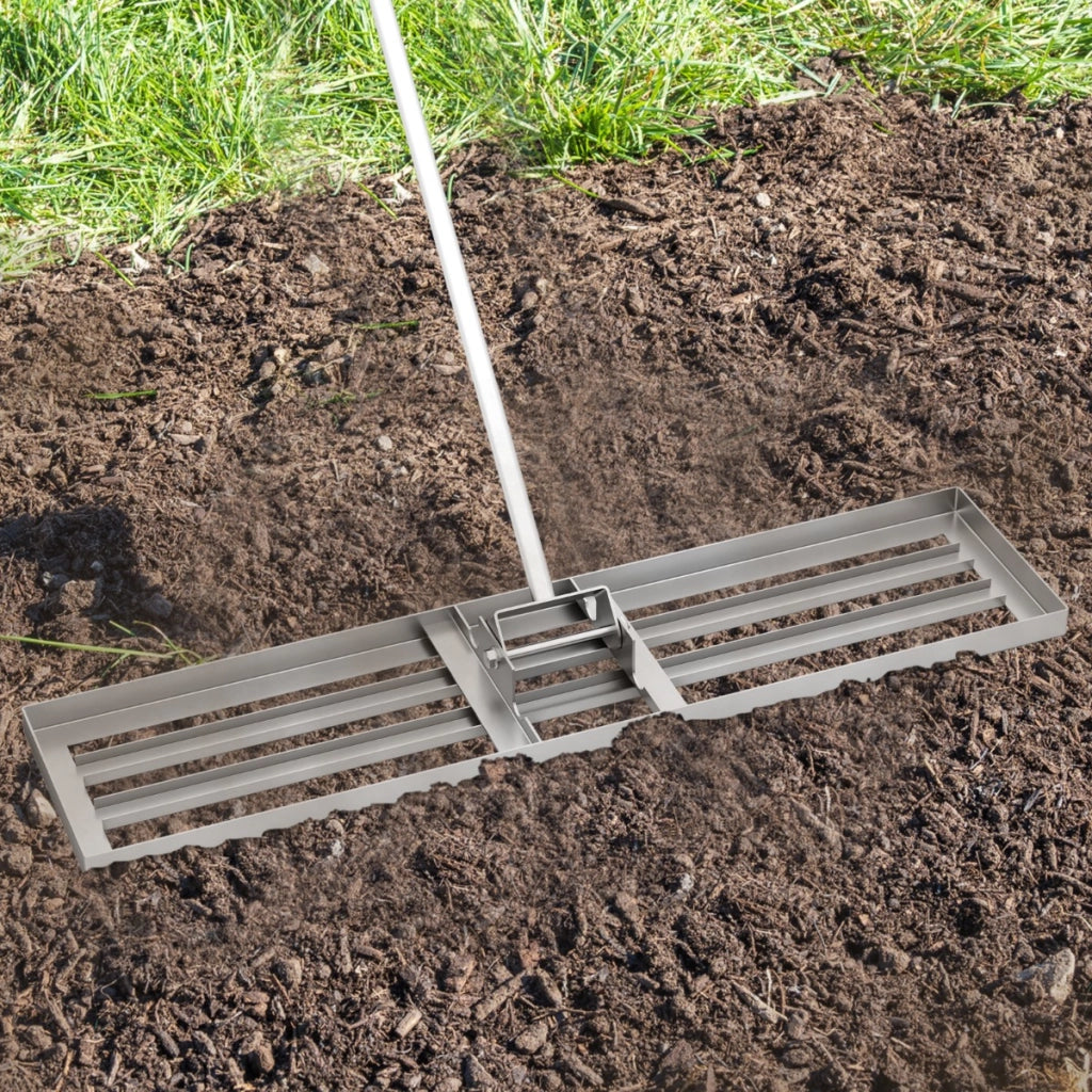 Rastrello livellatore per prato cortile, Livellatore giardino con impugnatura ergonomica e piastra 106 x 25 cm Argento-Attrezzi da giardino