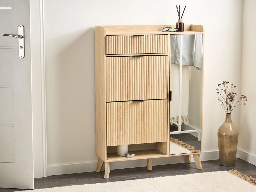 Scarpiera a 2 scomparti con 1 cassetto aggiuntivo in legno MDF melaminico con specchio colore marrone chiaro