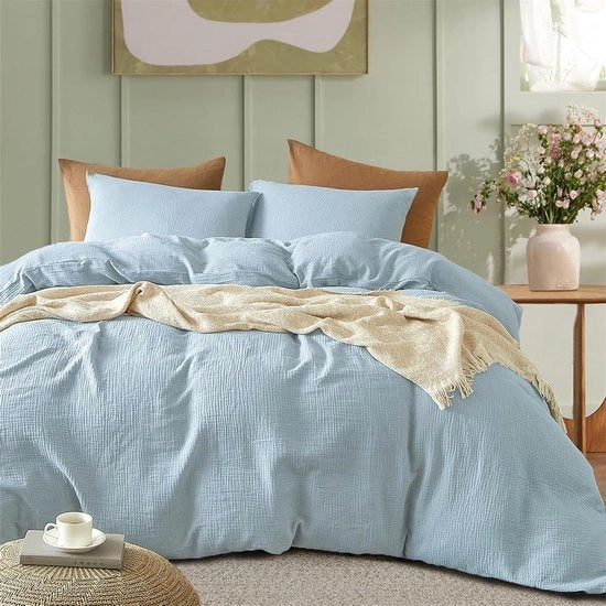 Set di copriletto e cuscini - 220 x 240 cm - blu chiaro - 100% cotone - comfort respirante - set unico composto da copriletto e 2 cuscini con copriletto 240 x 220 cotone