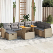 Set Divano da Giardino 9 pz con Cuscini Beige Polyrattan Acacia