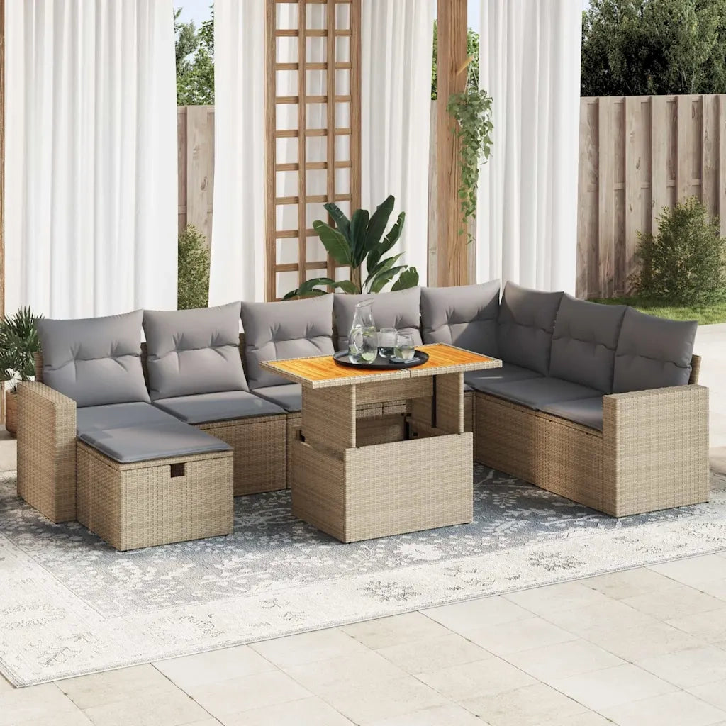 Set Divano da Giardino 9 pz con Cuscini Beige Polyrattan Acacia