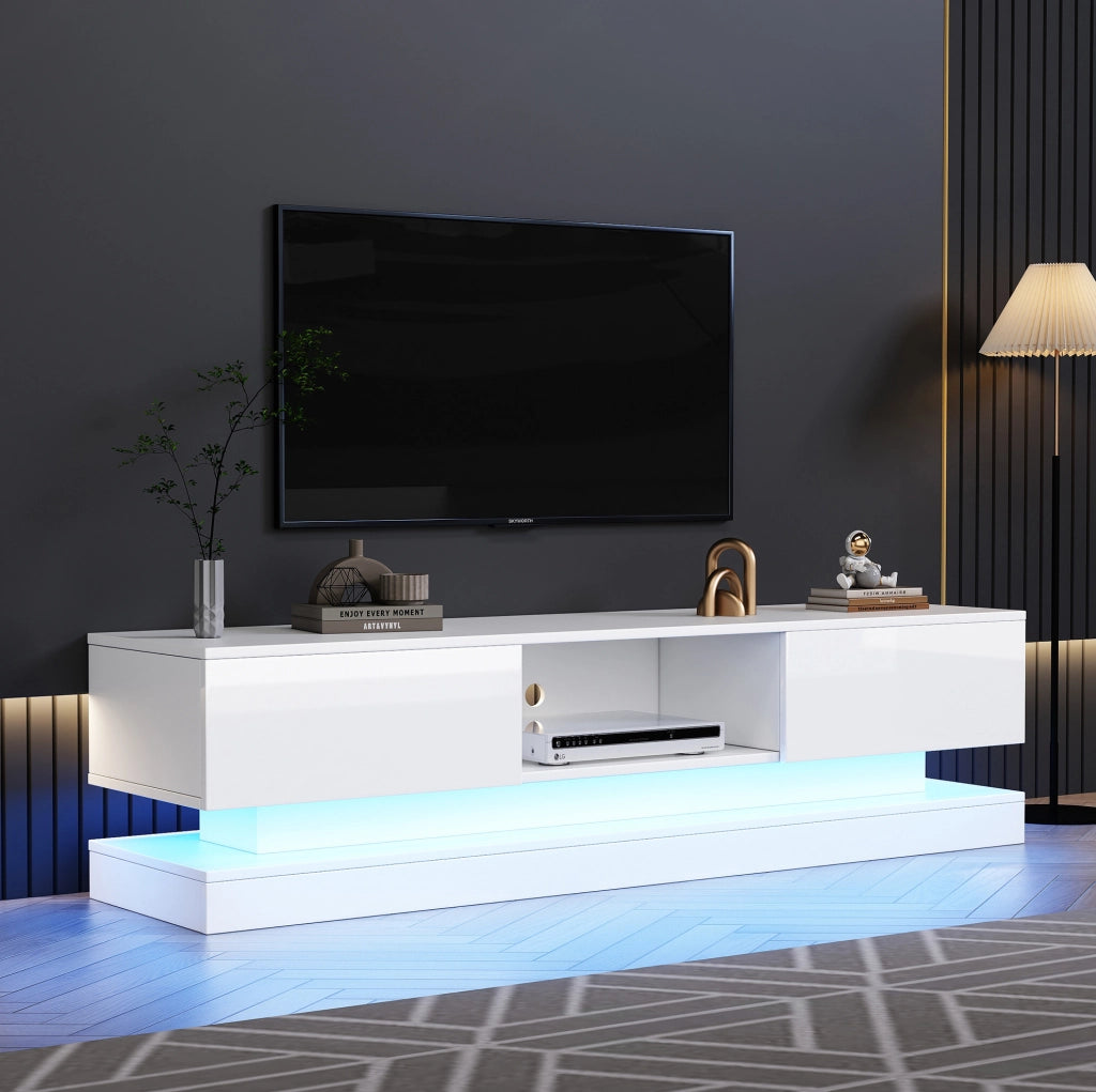 Mobile TV bianco lucido 160 cm con LED RGB, 2 cassetti e controllo app