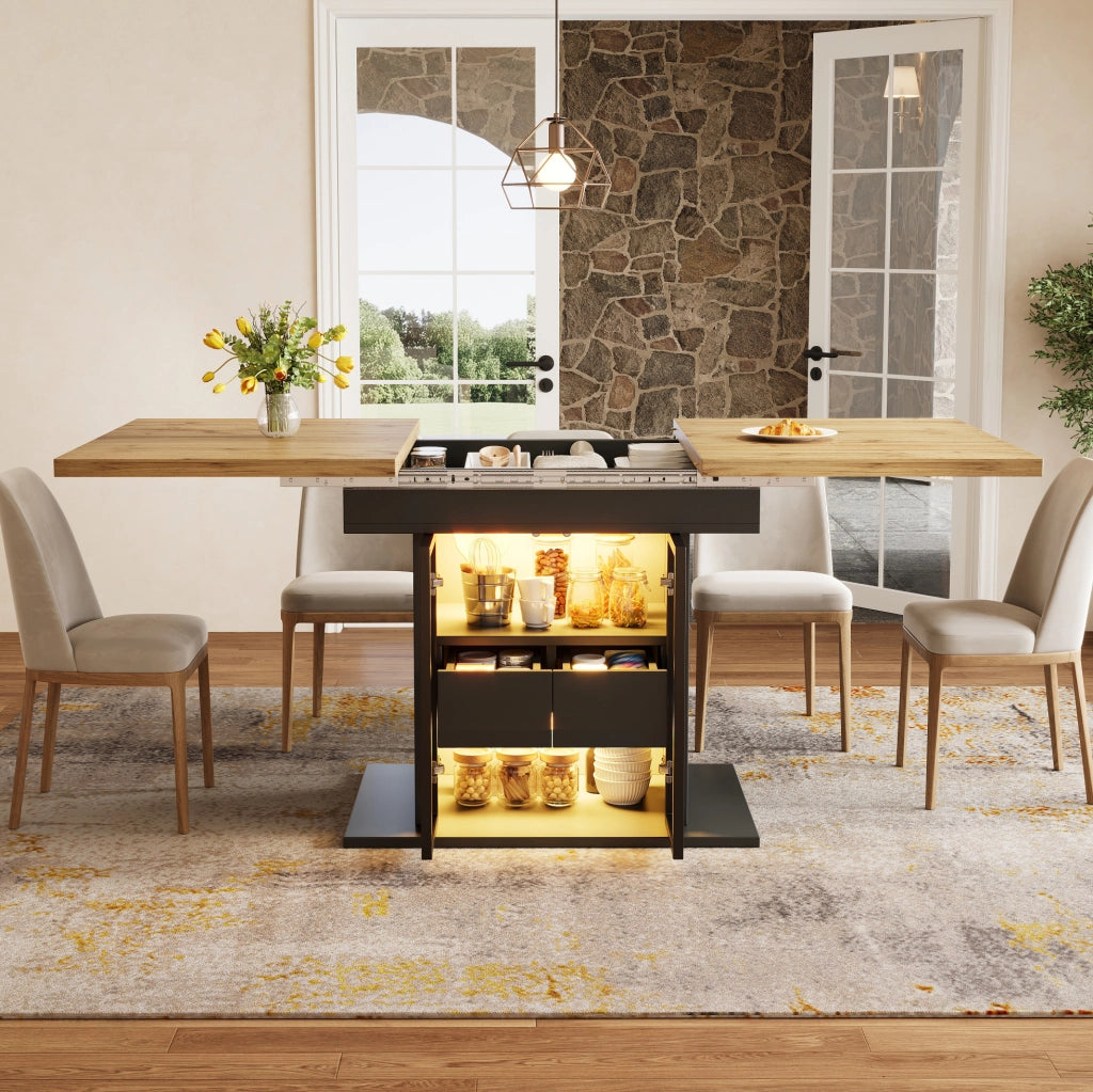 Tavolo da pranzo allungabile 110/140x80x77.9 cm con LED RGB e contenitore; MDF e metallo; nero