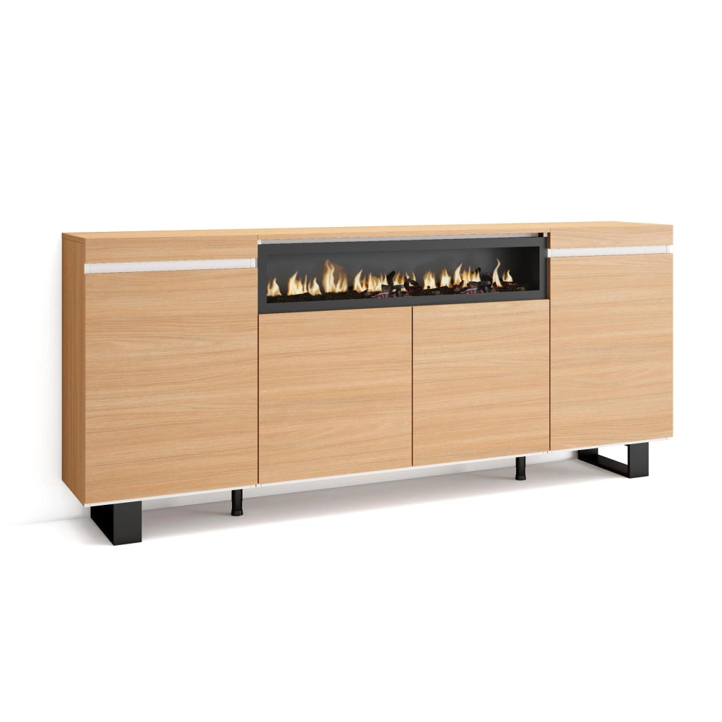 Credenza, Mobile, Cucina, 200x87x35cm, 4 Porte, Camino elettrico, Design industriale, Rovere soft e bianco