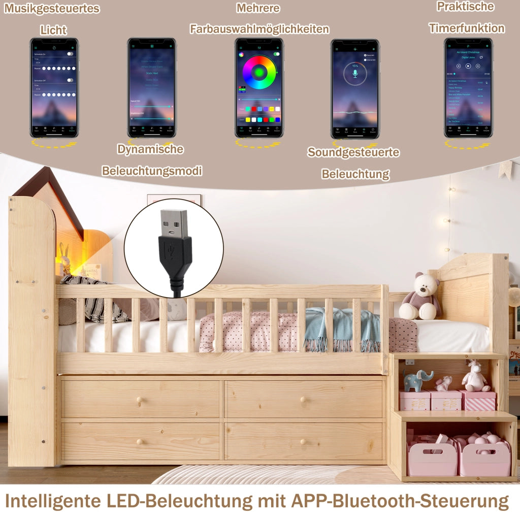 Letto a casetta 90 × 200 cm con finestra; 4 cassetti; scala con ripiani e LED in legno di pino