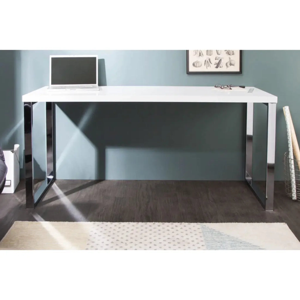 Scrivania design MONZA 160x60 cm bianco lucido con piedi cromati argentati